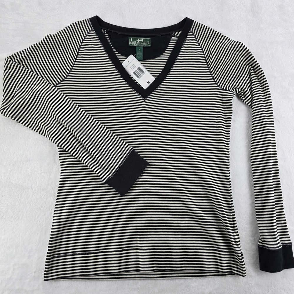 Lauren Active Ralph Lauren Top Womens M Shirt Black White Striped V-Neck Cotton